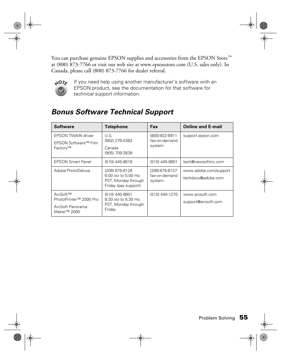 Bonus software technical support | Epson color Perfection 640U User Manual | Page 60 / 71