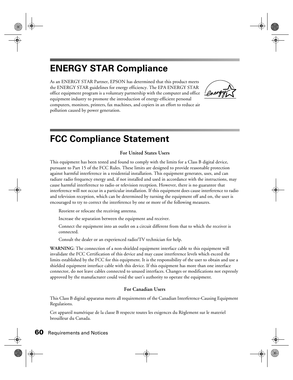 Energy star compliance, Fcc compliance statement | Epson color Perfection 640U User Manual | Page 65 / 71
