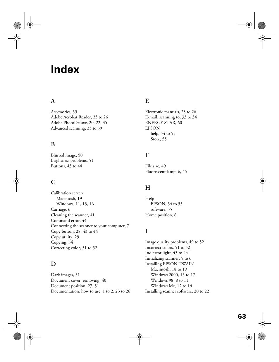 Index | Epson color Perfection 640U User Manual | Page 68 / 71