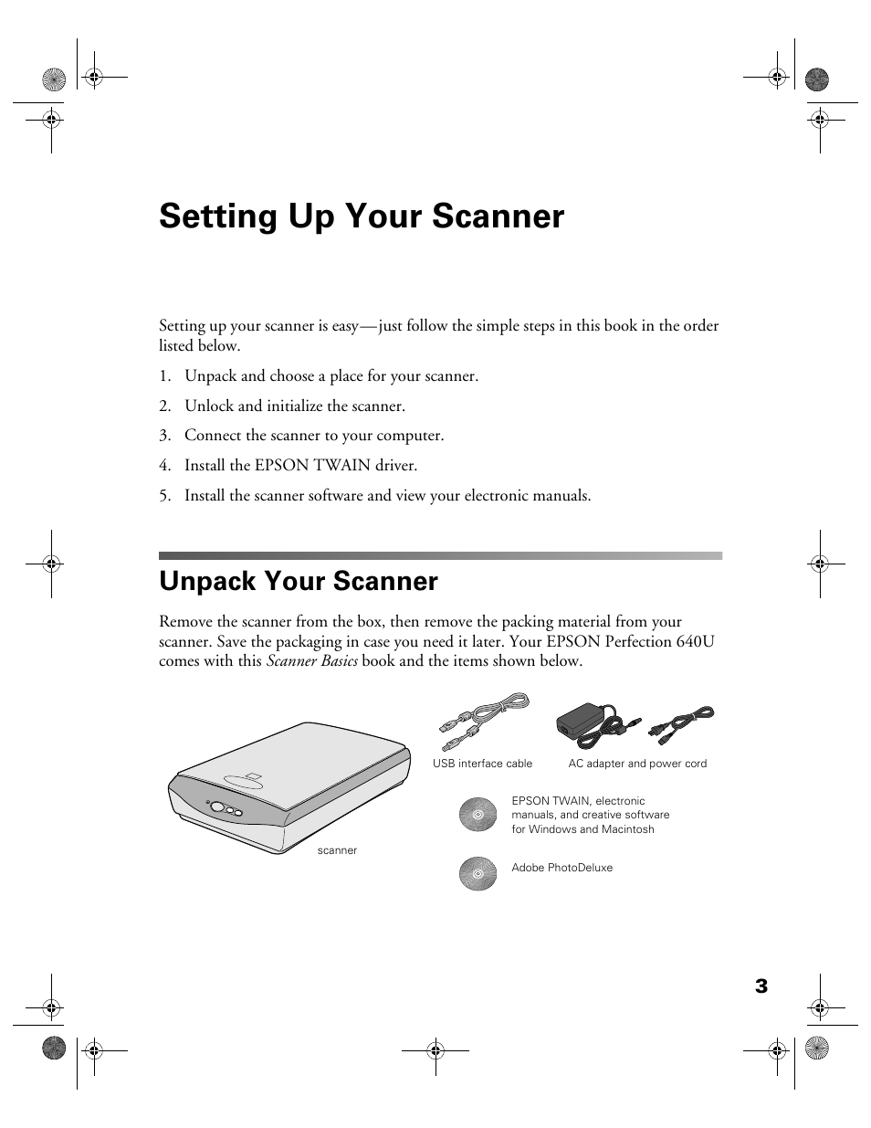 Setting up your scanner, Unpack your scanner | Epson color Perfection 640U User Manual | Page 8 / 71