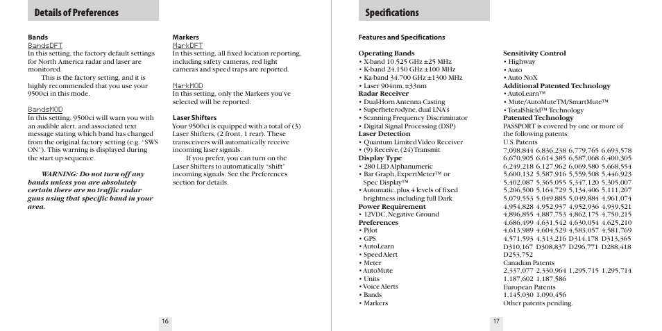 Details of preferences, Speciﬁcations | Escort 9500CI User Manual | Page 10 / 18