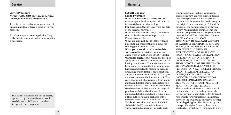 Service, Warranty | Escort 9500CI User Manual | Page 16 / 18