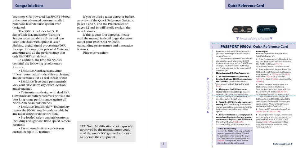 Quick reference card, Passport 9500ci quick reference card | Escort 9500CI User Manual | Page 2 / 18