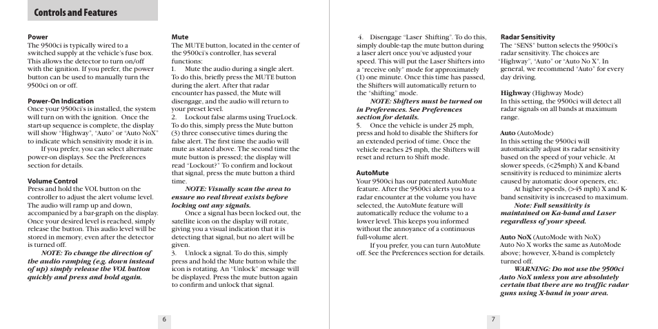 Controls and features | Escort 9500CI User Manual | Page 5 / 18
