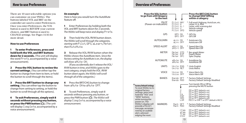 How to use preferences, Overview of preferences | Escort 9500CI User Manual | Page 8 / 18