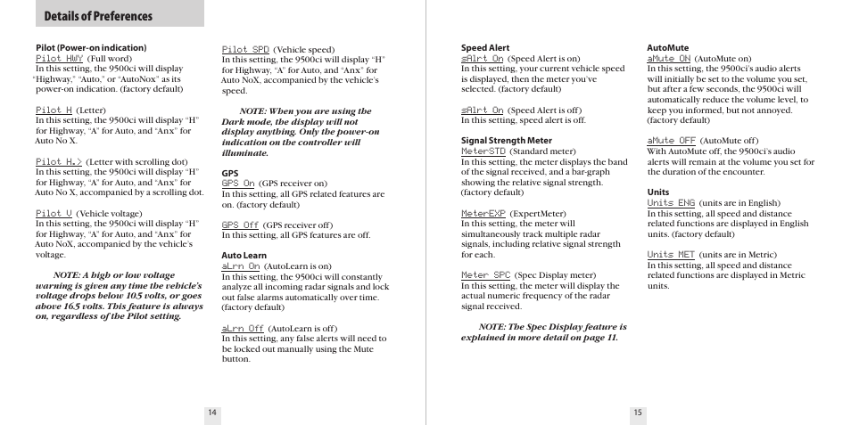 Details of preferences | Escort 9500CI User Manual | Page 9 / 18