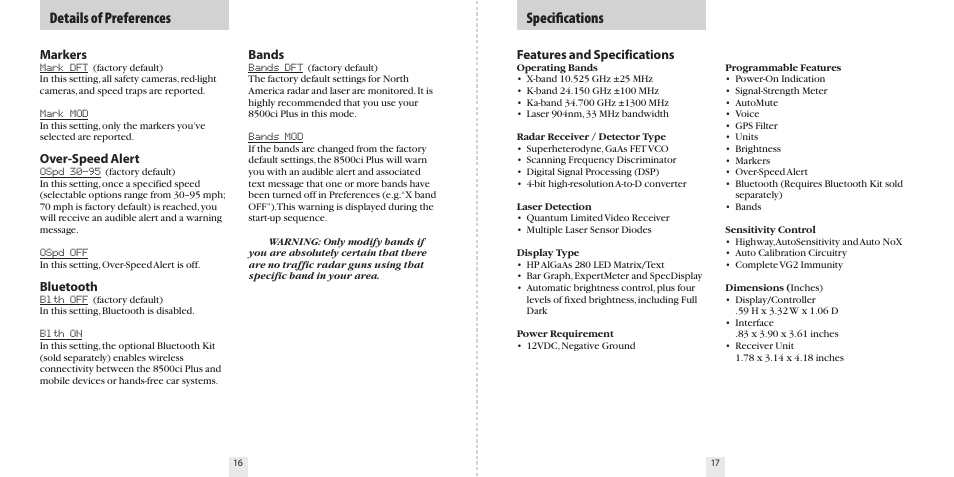 Speciﬁcations, Details of preferences | Escort PASSPORT 8500CI User Manual | Page 10 / 18