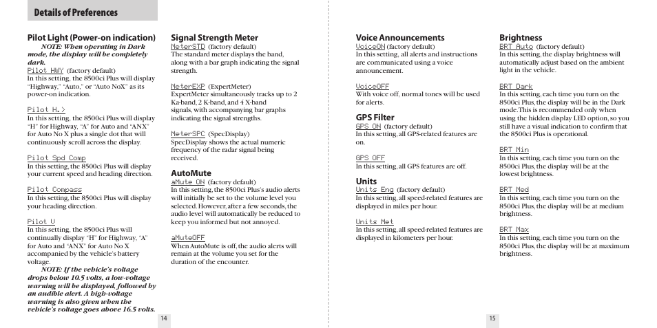 Details of preferences | Escort PASSPORT 8500CI User Manual | Page 9 / 18