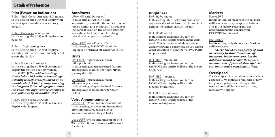 Details of preferences, Pilot (power-on indication), Brightness | Markers, Overspeed, Autopower, Units, Voice announcements | Escort S A F E T Y C A M E R A A N D S P E E D T R A P L O C A T O R SC55 User Manual | Page 10 / 16