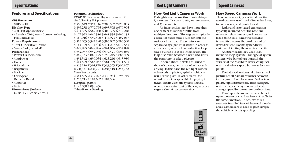 Speciﬁcations, Speed cameras, Red light cameras | Escort S A F E T Y C A M E R A A N D S P E E D T R A P L O C A T O R SC55 User Manual | Page 12 / 16