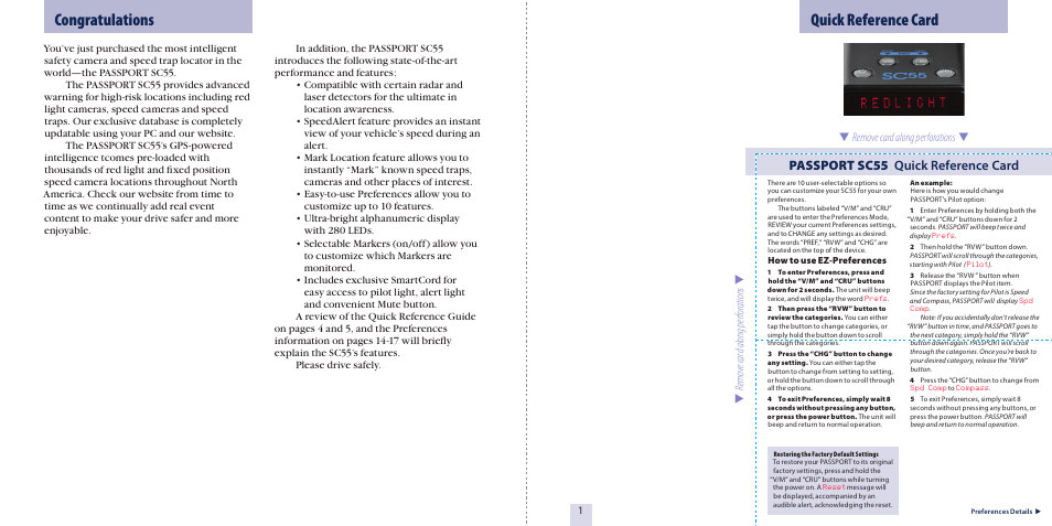 Quick reference card, Passport sc55 quick reference card | Escort S A F E T Y C A M E R A A N D S P E E D T R A P L O C A T O R SC55 User Manual | Page 2 / 16