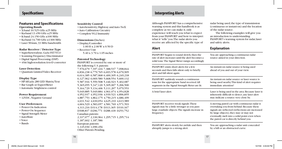 Specifications, Interpreting alerts, Features and specifications | Explanation, Alert | Escort QI45 29256 User Manual | Page 10 / 16