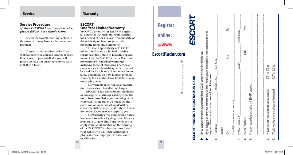 Warranty, Service | Escort QI45 29256 User Manual | Page 15 / 16
