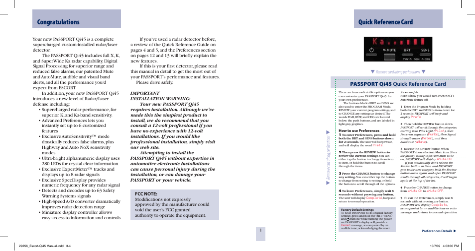 Passport qi45 quick reference card | Escort QI45 29256 User Manual | Page 2 / 16