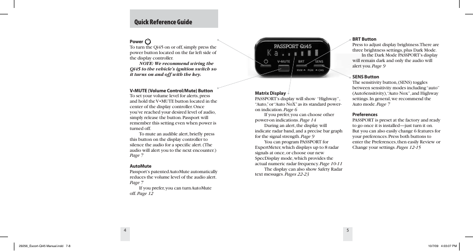 Quick reference guide | Escort QI45 29256 User Manual | Page 4 / 16