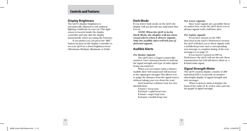 Controls and features, Dark mode, Audible alerts | Signal strength meter, Display brightness | Escort QI45 29256 User Manual | Page 6 / 16