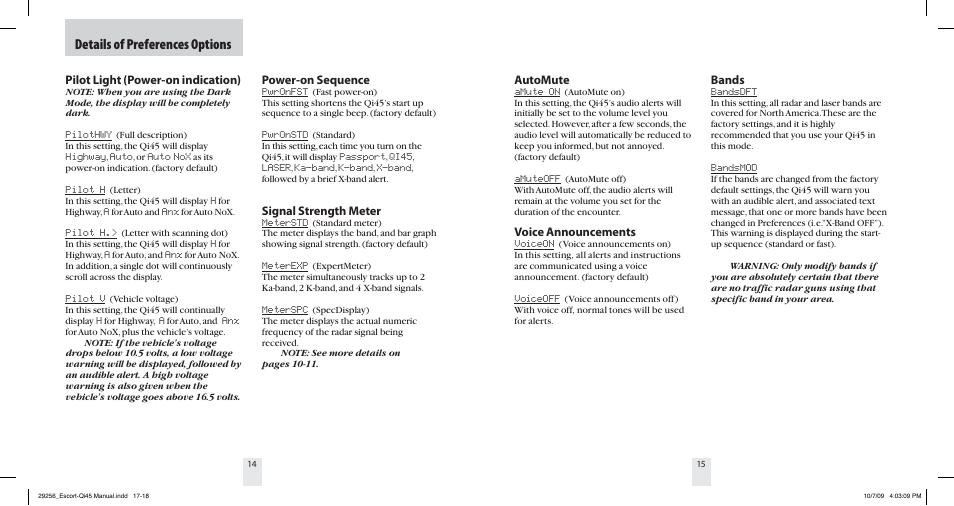 Details of preferences options, Pilot light (power-on indication), Automute | Voice announcements, Bands, Power-on sequence, Signal strength meter | Escort QI45 29256 User Manual | Page 9 / 16