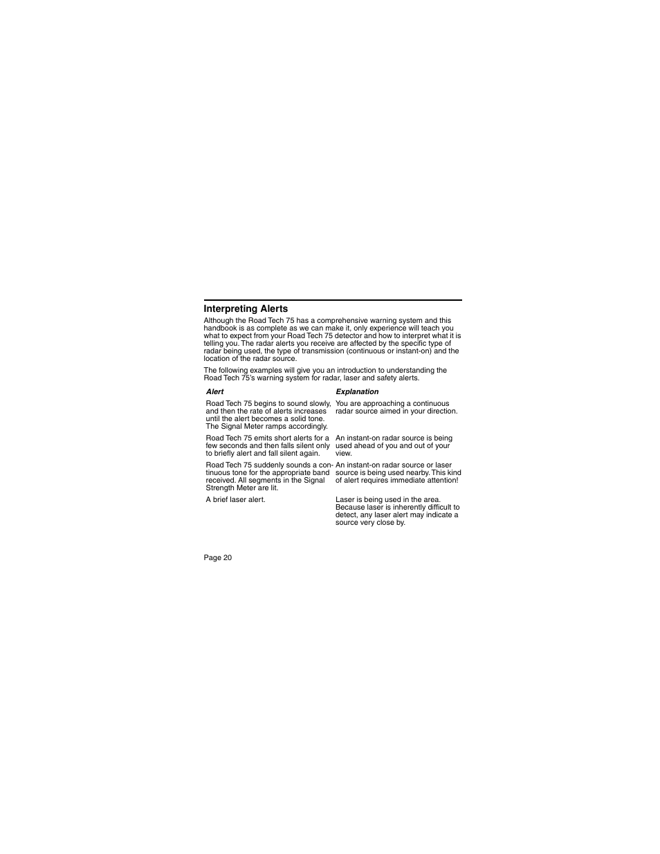 Interpreting alerts | Escort 75 Detector User Manual | Page 20 / 34