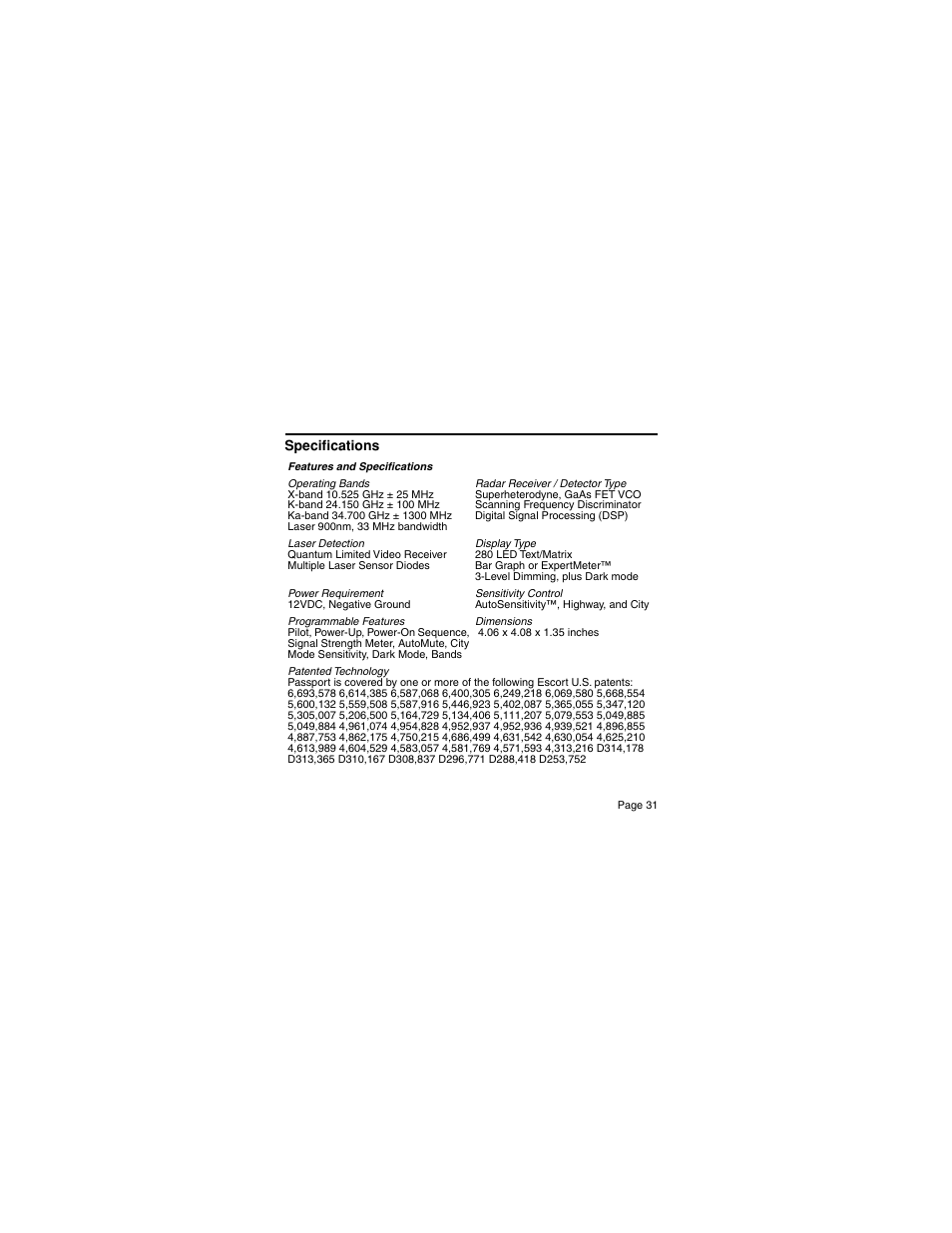 Specifications | Escort 75 Detector User Manual | Page 31 / 34