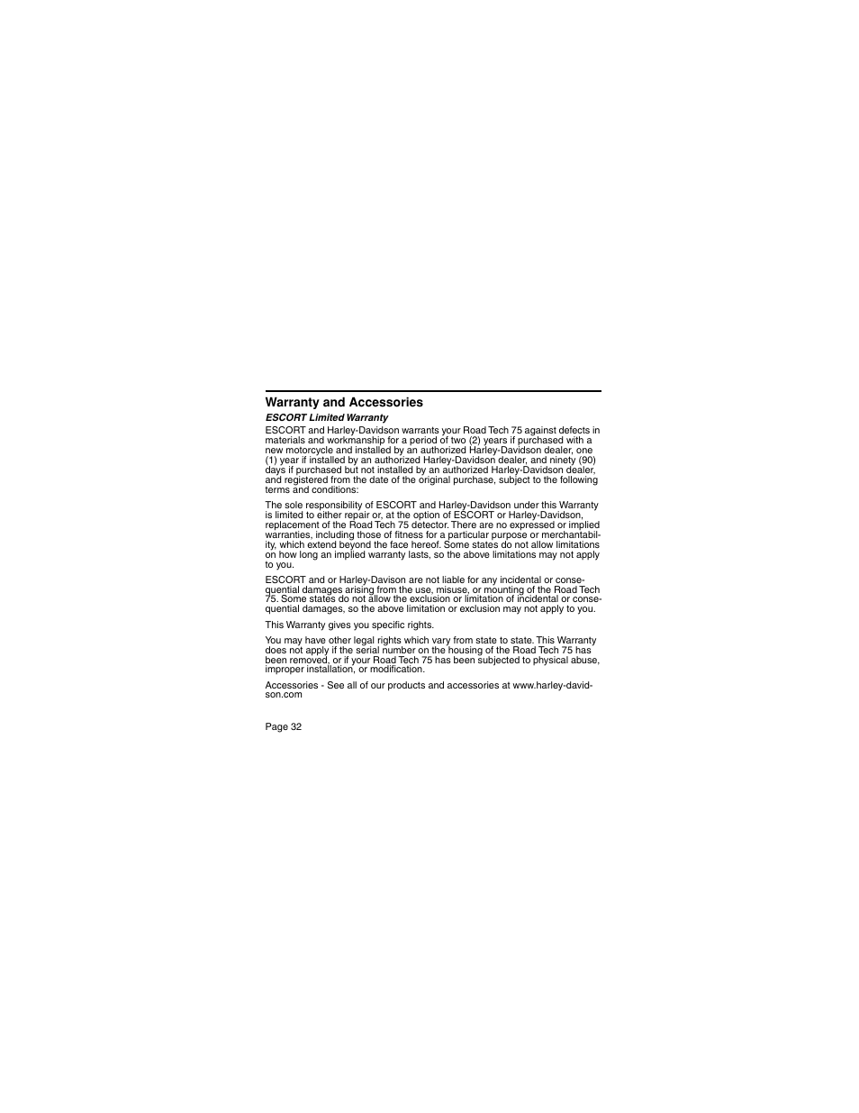 Warranty and accessories | Escort 75 Detector User Manual | Page 32 / 34
