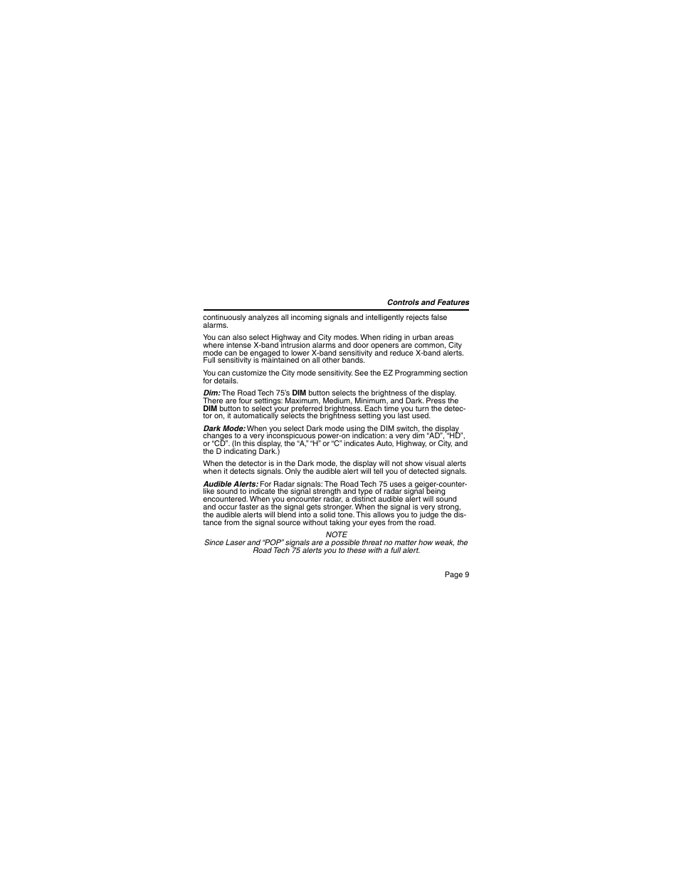 Escort 75 Detector User Manual | Page 9 / 34