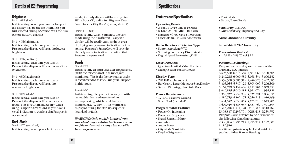 Specifications details of ez-programming | Escort 8500 X50 User Manual | Page 10 / 16