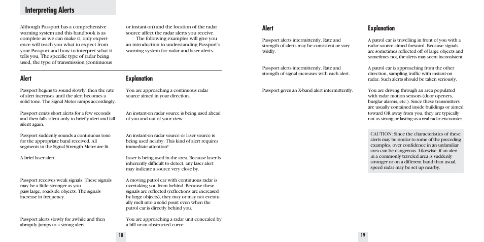 Interpreting alerts, Explanation, Alert | Escort 8500 X50 User Manual | Page 11 / 16