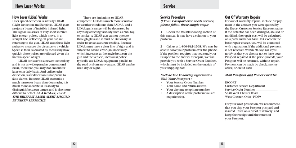 How laser works service | Escort 8500 X50 User Manual | Page 13 / 16