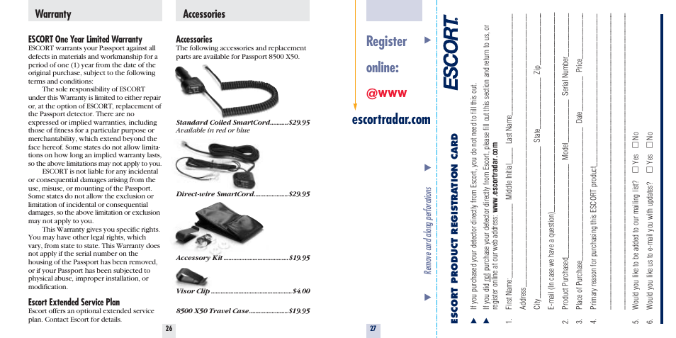 Warranty, Accessories | Escort 8500 X50 User Manual | Page 15 / 16