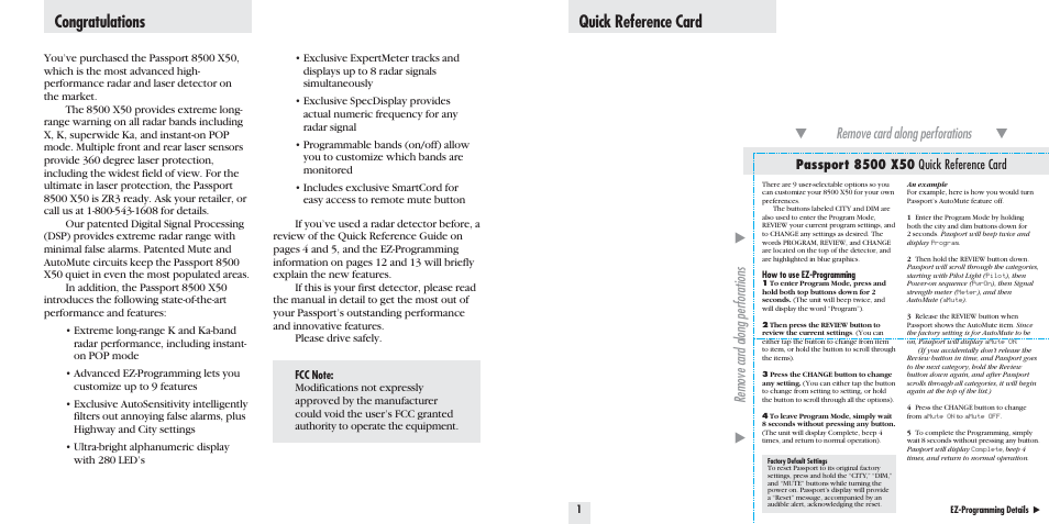 Quick reference card | Escort 8500 X50 User Manual | Page 2 / 16