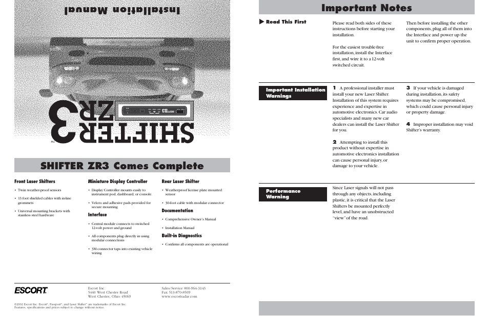 Escort ZR3 User Manual | 2 pages
