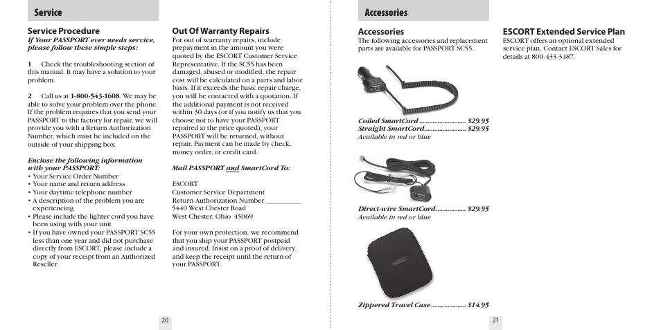 Accessories, Service | Escort PASSPORT SC55 User Manual | Page 12 / 14