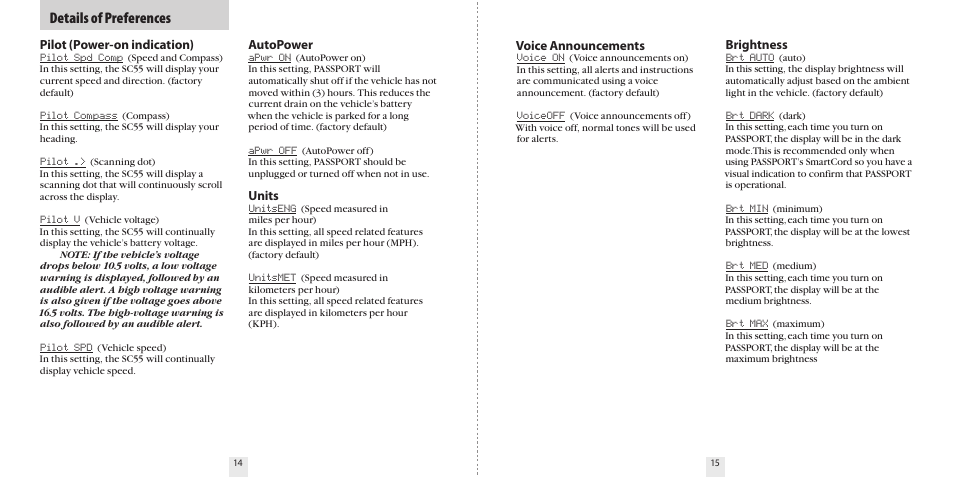 Details of preferences, Pilot (power-on indication), Voice announcements | Brightness, Autopower, Units | Escort PASSPORT SC55 User Manual | Page 9 / 14