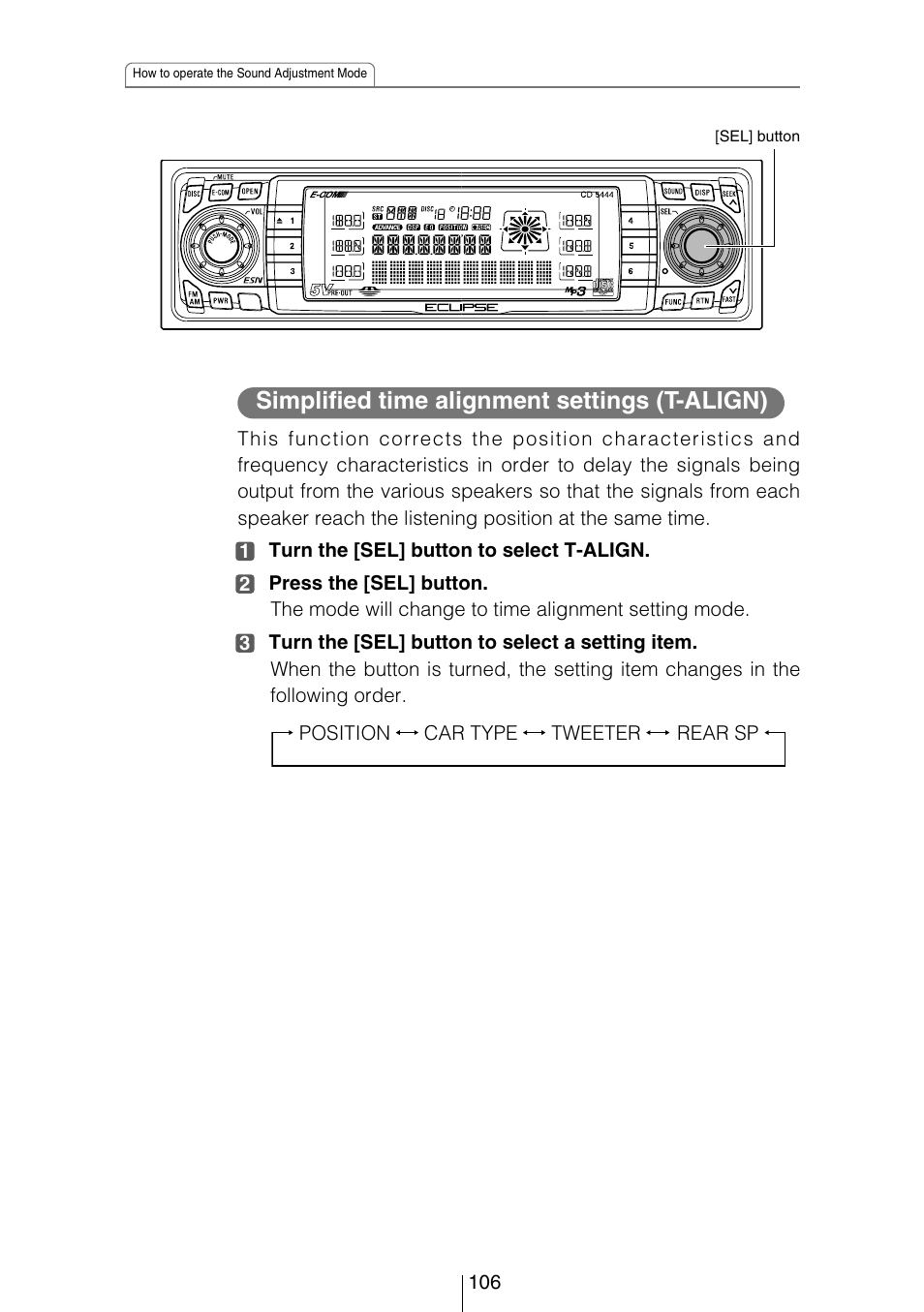 Simplified time alignment settings (t-align) | Eclipse - Fujitsu Ten CD5444 User Manual | Page 106 / 152