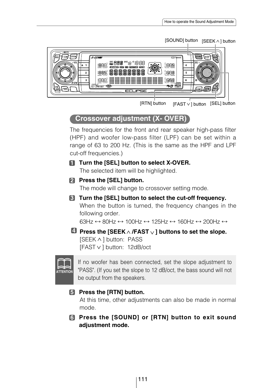 Crossover adjustment (x- over) | Eclipse - Fujitsu Ten CD5444 User Manual | Page 111 / 152