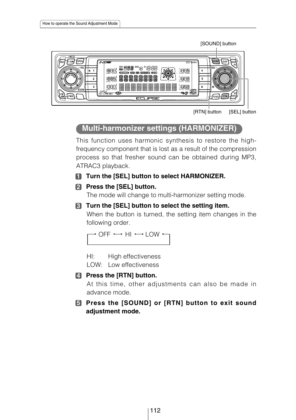 Multi-harmonizer settings (harmonizer) | Eclipse - Fujitsu Ten CD5444 User Manual | Page 112 / 152