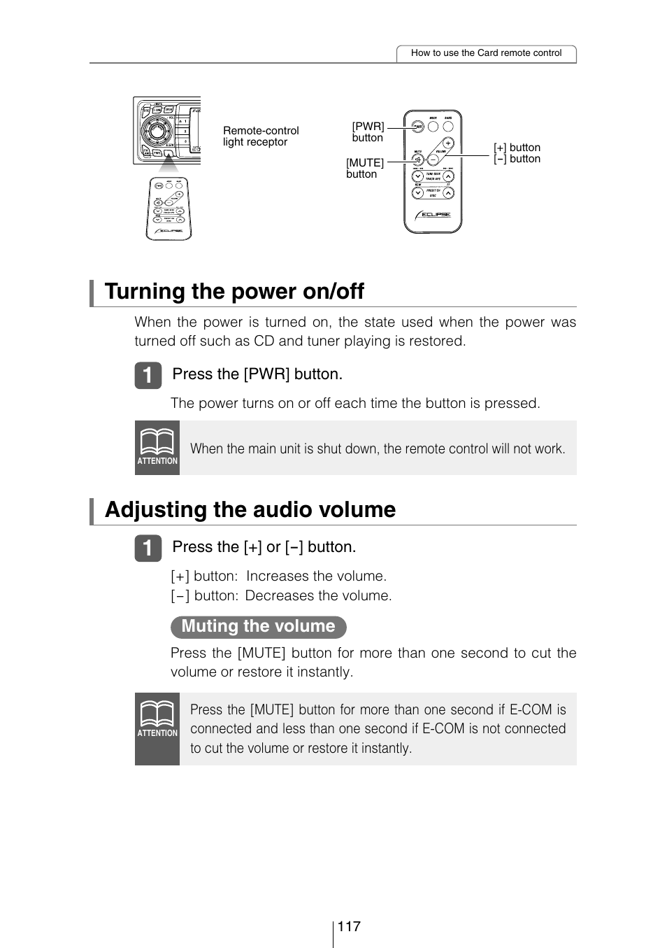 Turning the power on/off, Adjusting the audio volume, Muting the volume | Eclipse - Fujitsu Ten CD5444 User Manual | Page 117 / 152