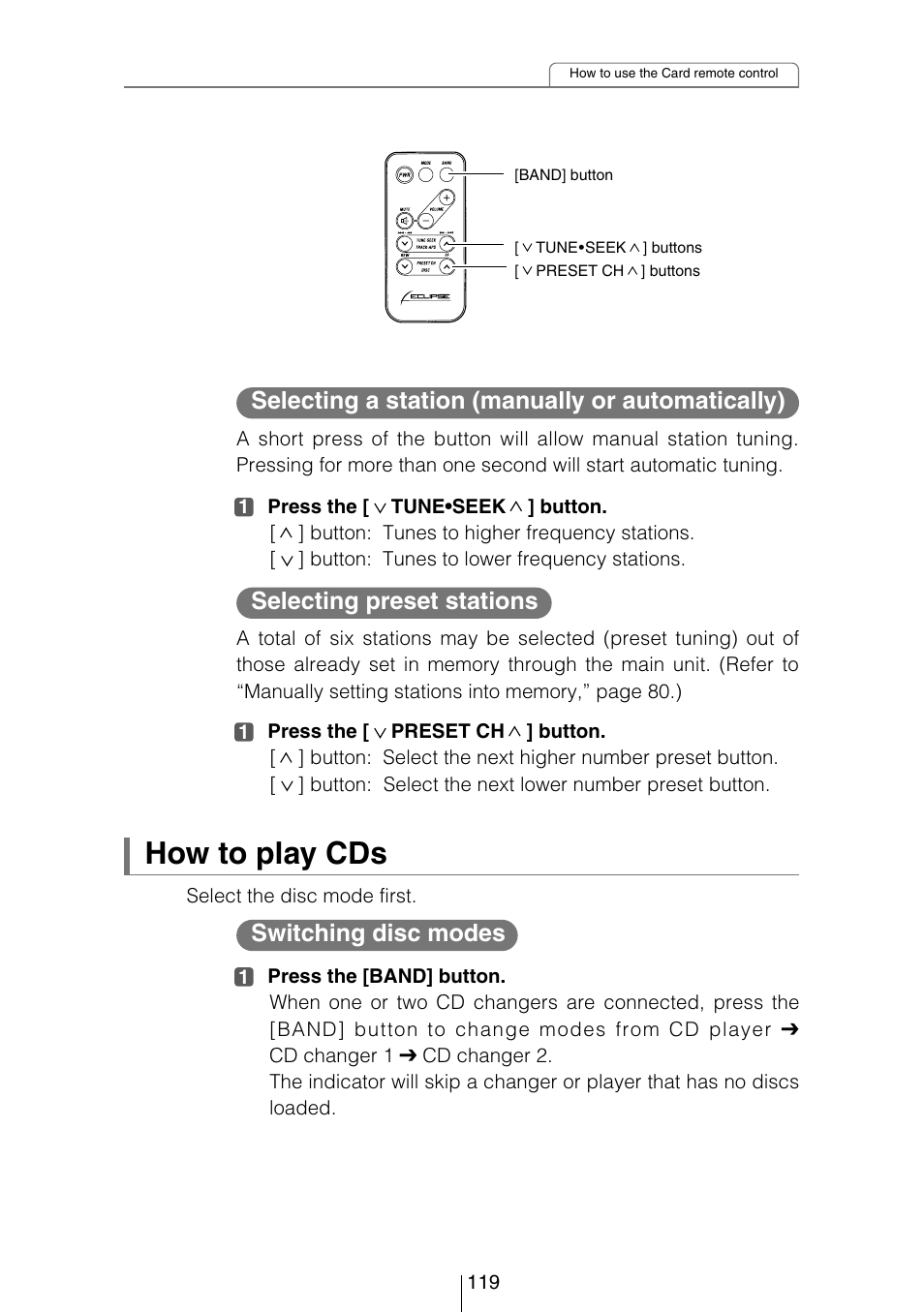 How to play cds, Selecting a station (manually or automatically), Selecting preset stations | Switching disc modes | Eclipse - Fujitsu Ten CD5444 User Manual | Page 119 / 152