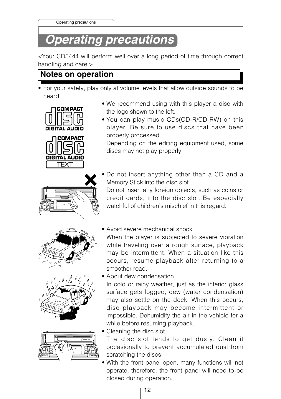 Operating precautions | Eclipse - Fujitsu Ten CD5444 User Manual | Page 12 / 152