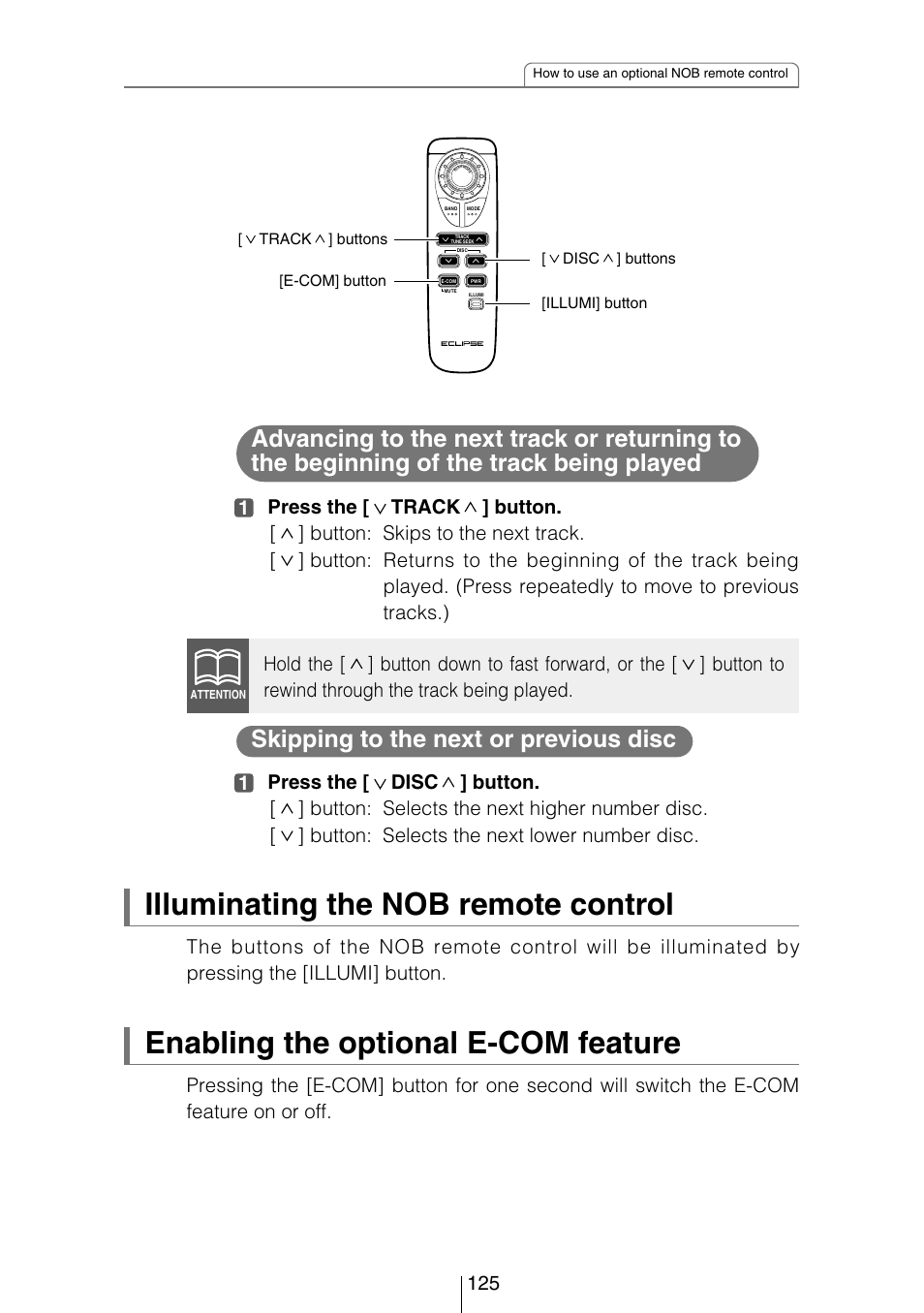 Illuminating the nob remote control, Enabling the optional e-com feature, Skipping to the next or previous disc | Eclipse - Fujitsu Ten CD5444 User Manual | Page 125 / 152