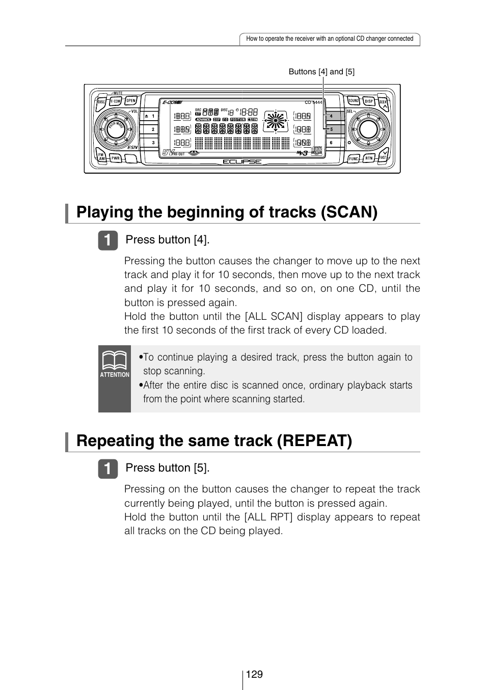 Playing the beginning of tracks (scan), Repeating the same track (repeat) | Eclipse - Fujitsu Ten CD5444 User Manual | Page 129 / 152