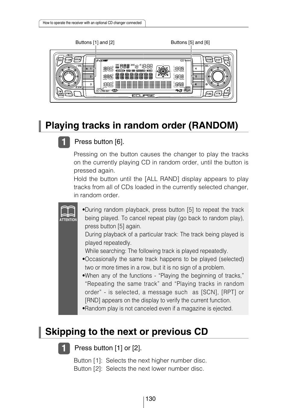 Playing tracks in random order (random), Skipping to the next or previous cd | Eclipse - Fujitsu Ten CD5444 User Manual | Page 130 / 152