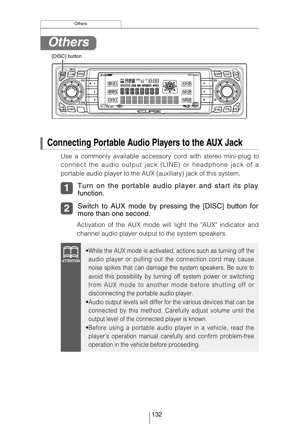 Others, Connecting portable audio players to the aux jack | Eclipse - Fujitsu Ten CD5444 User Manual | Page 132 / 152