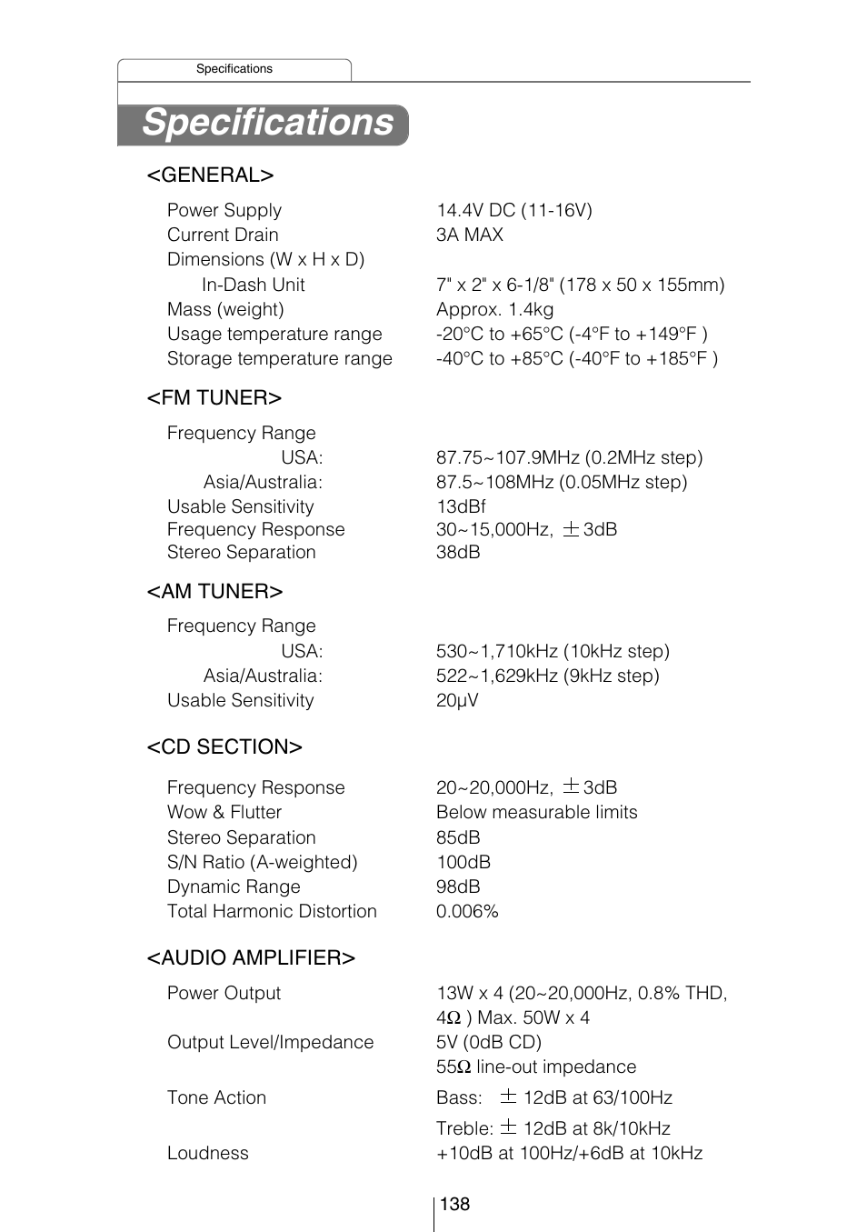 Specifications | Eclipse - Fujitsu Ten CD5444 User Manual | Page 138 / 152