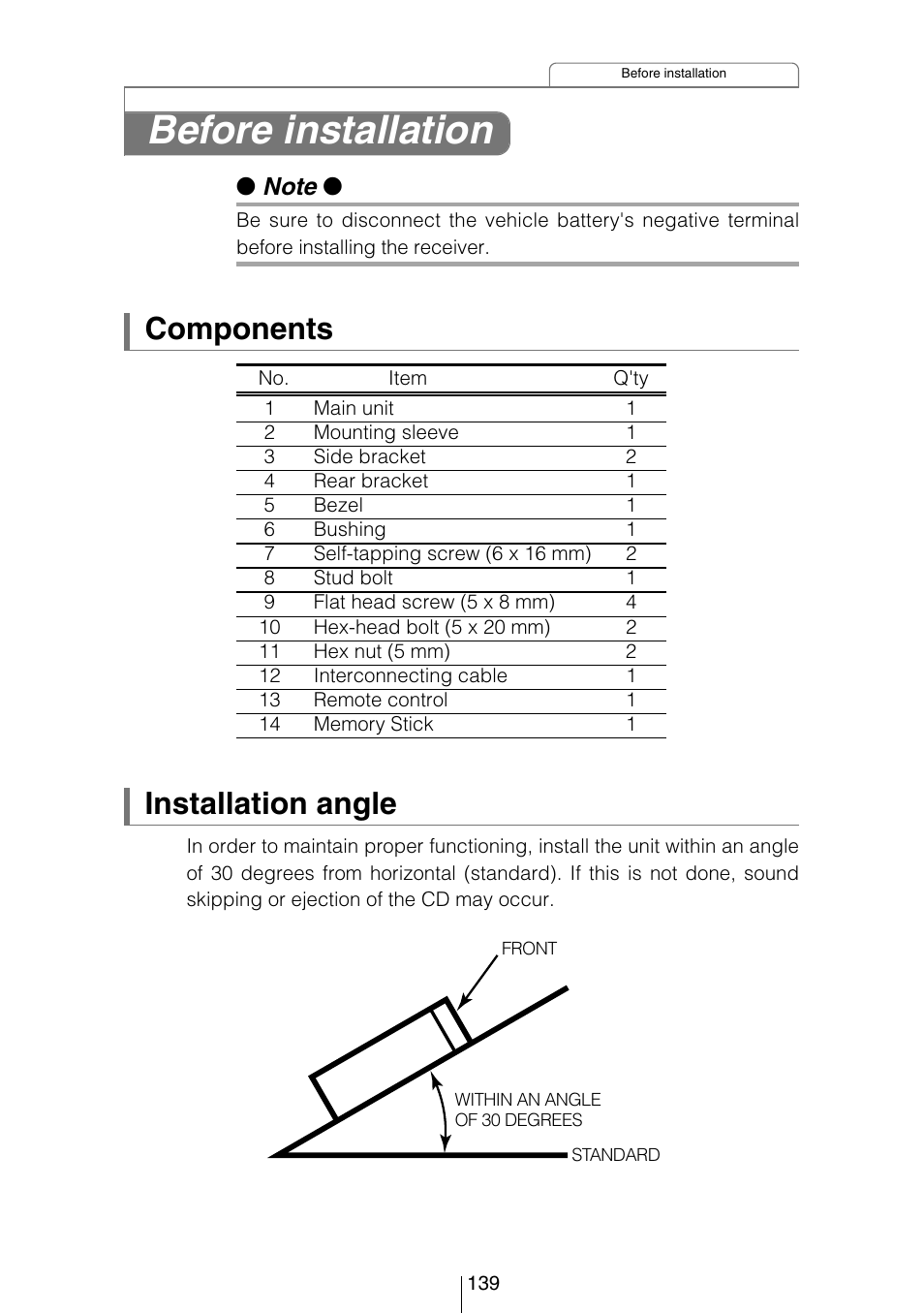 Before installation, Components, Installation angle | Eclipse - Fujitsu Ten CD5444 User Manual | Page 139 / 152