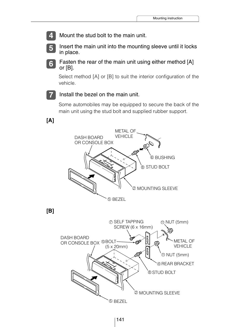 Mount the stud bolt to the main unit, Install the bezel on the main unit | Eclipse - Fujitsu Ten CD5444 User Manual | Page 141 / 152