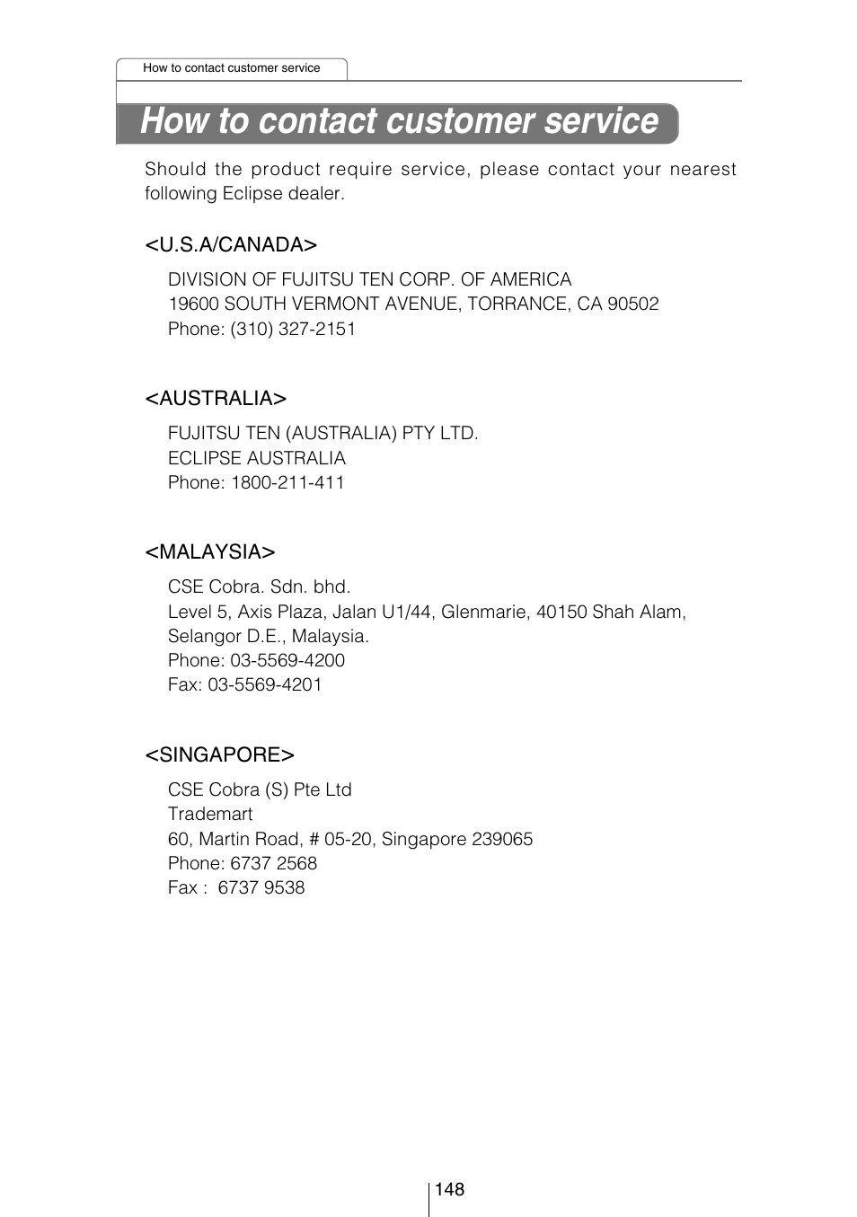 How to contact customer service | Eclipse - Fujitsu Ten CD5444 User Manual | Page 148 / 152