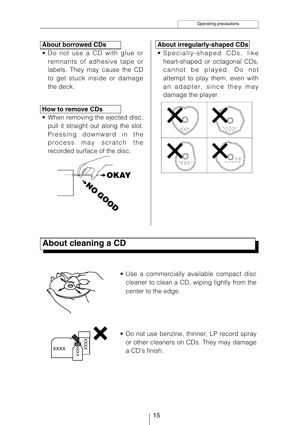 About cleaning a cd, Okay no good | Eclipse - Fujitsu Ten CD5444 User Manual | Page 15 / 152