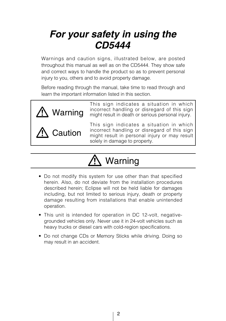 For your safety in using the cd5444, Warning, Caution warning | Eclipse - Fujitsu Ten CD5444 User Manual | Page 2 / 152