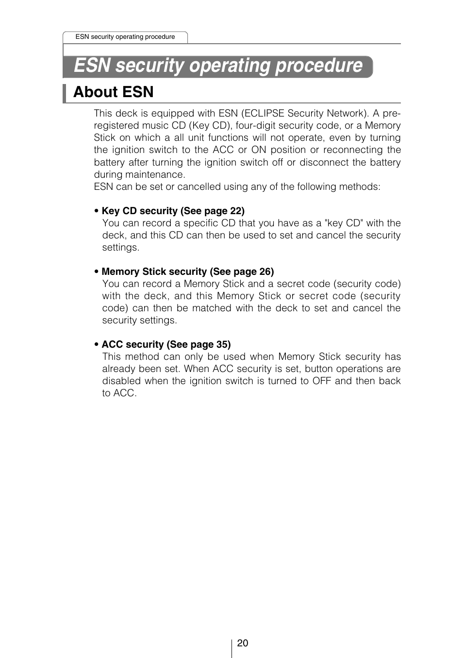 Esn security operating procedure, About esn | Eclipse - Fujitsu Ten CD5444 User Manual | Page 20 / 152